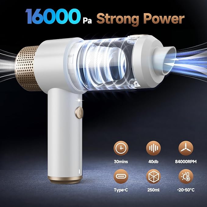 Car Vacuum Cleaner, 16000PA Mini Car Vacuum Cordless Powerful, 7 in 1 Portable Handheld Vacuum Cordless with LED Light, Dual 