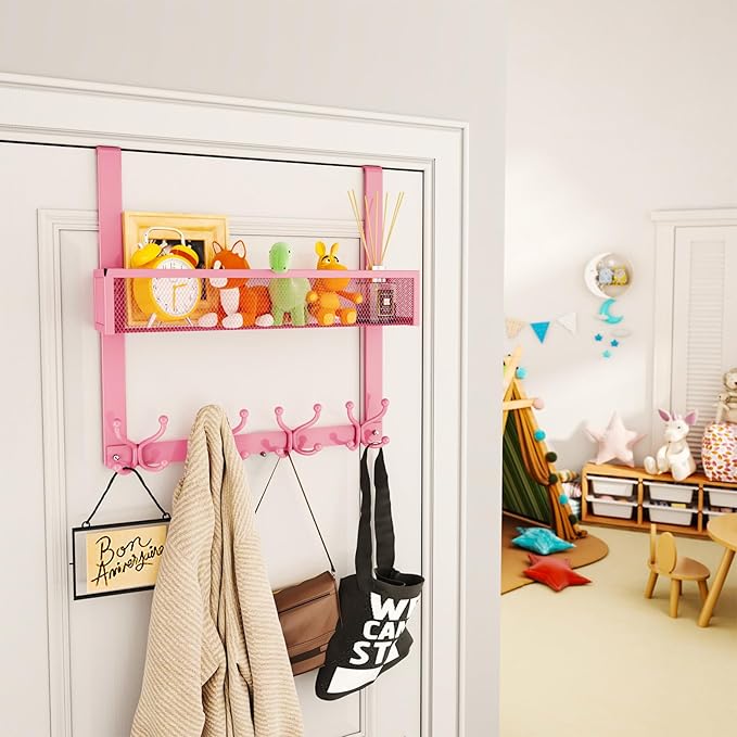 SWTYMIKI Over The Door Hook with 16 Hooks & Mesh Baskets - Heavy Duty Over The Door Organizer Hanger for Towels, Coats, Cloth