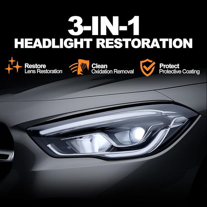 Headlight Restoration Kit Cleaner Restorer: Car Headlamps Oxidized & Yellowed Lens Repair with Protective Coating - Clear Bright Headlights for Trucks Motorcycles