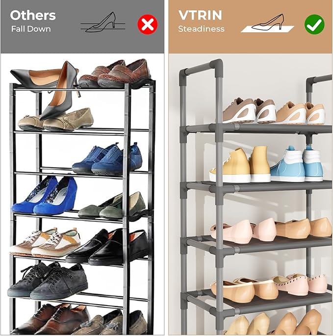 VTRIN 10 Tiers Tall Shoe Rack Holds 20-25 Pairs of Shoes Sturdy Vertical Shoe Organizer with 18pcs Hooks Stackable Narrow Sho