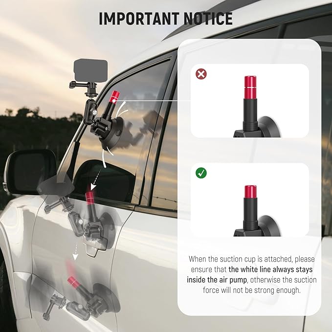 NEEWER Triple Suction Cup Car Mount Kit, Carbon Fiber Camera Mount with Action Camera Adapter, NATO Rail & 24"/60cm Extension Pole Compatible with GoPro Insta360, 2.2lb/1kg Max Load, CA136
