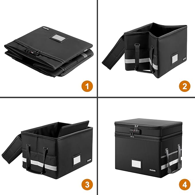DocSafe File Box with Lock,Multi-Layer Fireproof Document Box Collapsible File Storage Organizer with Pockets/Handle,Large Po