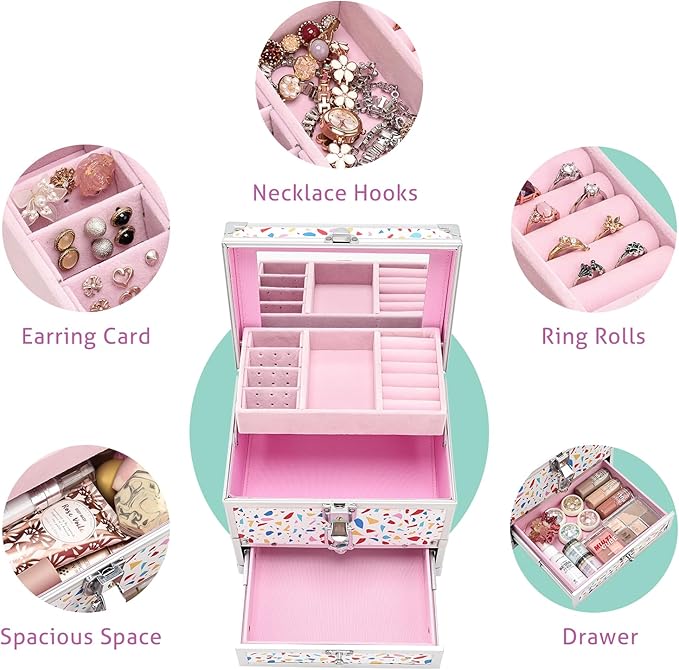 Hododou Girls Jewelry Box Organizer with Drawer & Mirror, Mermaid Tail Style Lockable Storage Case for Kid or Little Girls Je
