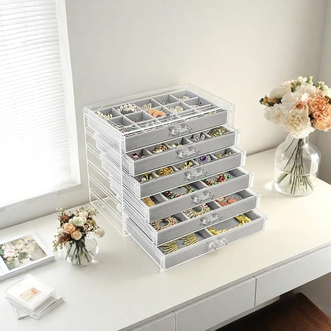Watpot Acrylic Jewelry Box with 6 Drawers, Clear Earring Storage Organizer Display Case for Women Girls, Gray