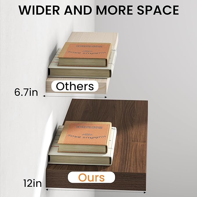 Walnut Floating Shelves 48Inch Long, 12 Inch Deep Floating Shelves for Wall, 48 x 12 Large Floating Shelf for Fireplace Mante