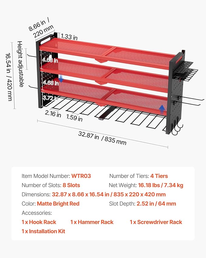 VEVOR Power Tool Organizer Wall Mount, 4-Layer Storage Rack with 8 Drill Holders, Tools Holder and Storage Rack with Side Peg