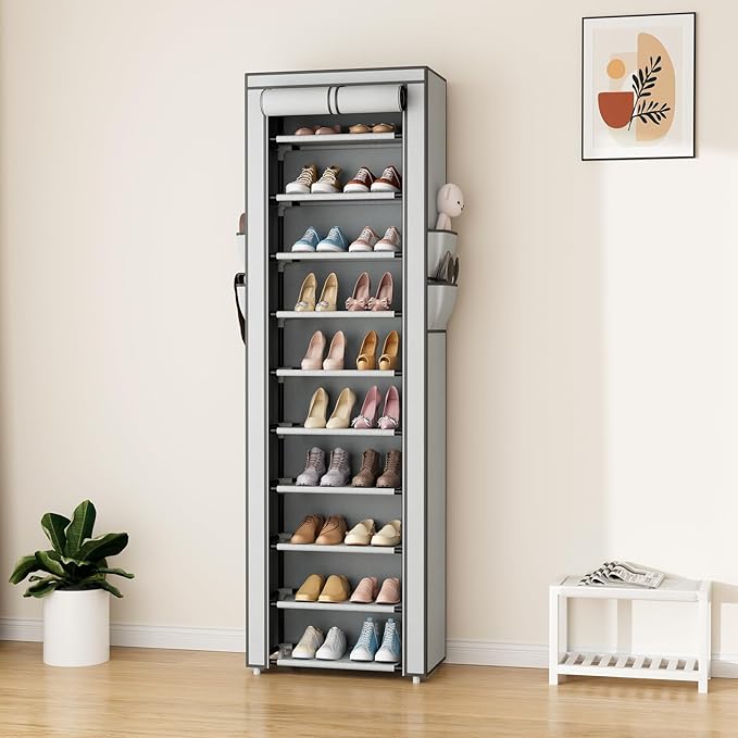 ROJASOP Shoe Rack with Covers 10 Tier Large Shoe Organizer Tall Shoe Closet Storage for 20-22 Pairs Shoe and Boot, Free Stand
