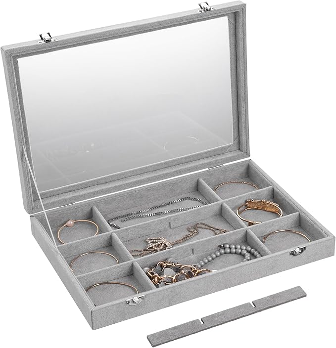 Frebeauty Velvet Jewelry Tray,12 Grid Jewelry Organizer with Clear Lid,Bracelets Holder,Jewelry Display Case with Clasp,Drawe