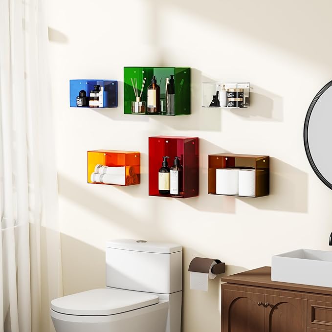 Acrylic Floating Shelves for Wall, Wall Mounted Square Cube Shelf for Bedroom Living Room Bathroom Kitchen, Storage Shelf Dis