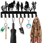 Western Key Holder with 10 Hooks, Cowboy Couple Wall Decor with Two Horses, Rustic Cowboy Hat Rack for Wall, Western Style Co
