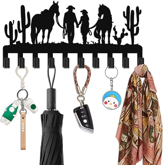 Western Key Holder with 10 Hooks, Cowboy Couple Wall Decor with Two Horses, Rustic Cowboy Hat Rack for Wall, Western Style Co