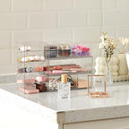 Kathfly 6 Pcs Medicine Cabinet Organizer Acrylic Stackable Clear Makeup Organizer with 2 Drawer 1 Storage Box 2 U Movable Par