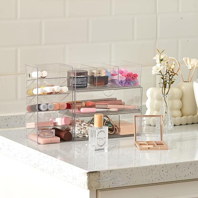 Kathfly 6 Pcs Medicine Cabinet Organizer Acrylic Stackable Clear Makeup Organizer with 2 Drawer 1 Storage Box 2 U Movable Par