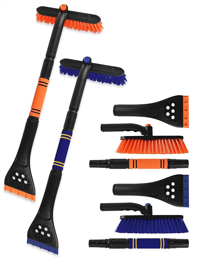 34" Extendable Ice Scrapers for Car Windshield 2-in-1 Snow Brush for Car Snow Scraper for Car Snow Scraper and Drush with Ergonomic Foam Grip for Cars, Trucks, SUVs with 360° Pivoting Brush Head Blue