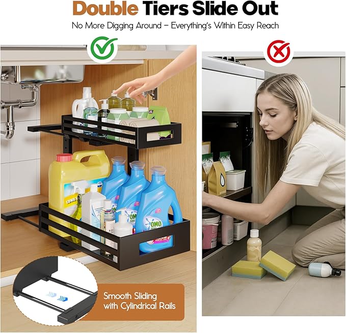 2-Pack Under Sink Organizer and Storage,2-Tier L Shape Pull Out Cabinet Organizer With Round Tube Slide Rails,Hight Adjustabl