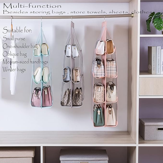 MURRI&MURRDI 2 Packs Hanging Handbag Organizer for Closet, Purse Storage Holder with 8 Easy Access Clear PVC Pockets, Womens 