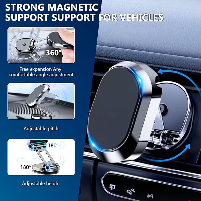 2 Pack Alloy Folding Magnetic Car Phone Holder,360° Rotation Magnetic Cell Phone Holder for Car [Super Strong Magnet] Bracket Magnetic Dashboard Phone Car Mount for All Smartphone (Silver+Black)