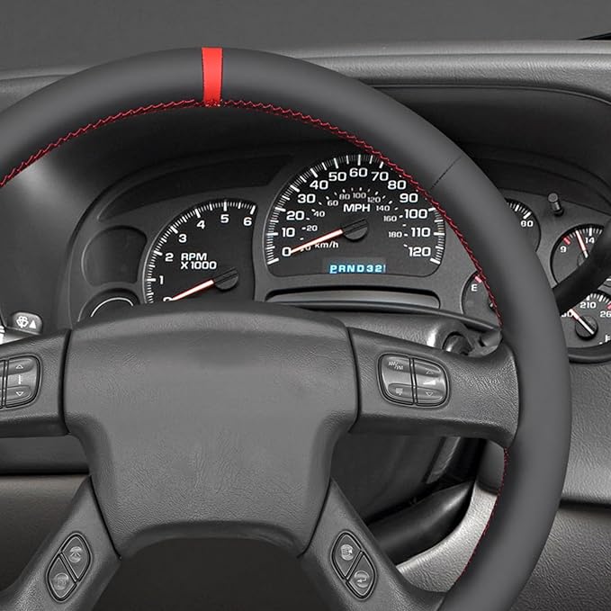 MEWANT Hand Stitched Steering Wheel Cover for Chevy Silverado 1500 2003-2006 Black Smooth Real Leather Steering Wrap