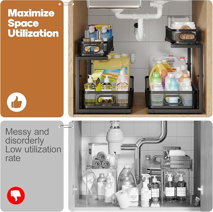 2 Pack 21.3IN-Depth Under Sink Organizer with Smooth Cylindrical Rail,2-Tier Pull Out Multi-Purpose Cabinet Storage for Bathr