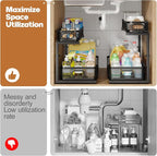 2 Pack 21.3IN-Depth Under Sink Organizer with Smooth Cylindrical Rail,2-Tier Pull Out Multi-Purpose Cabinet Storage for Bathr