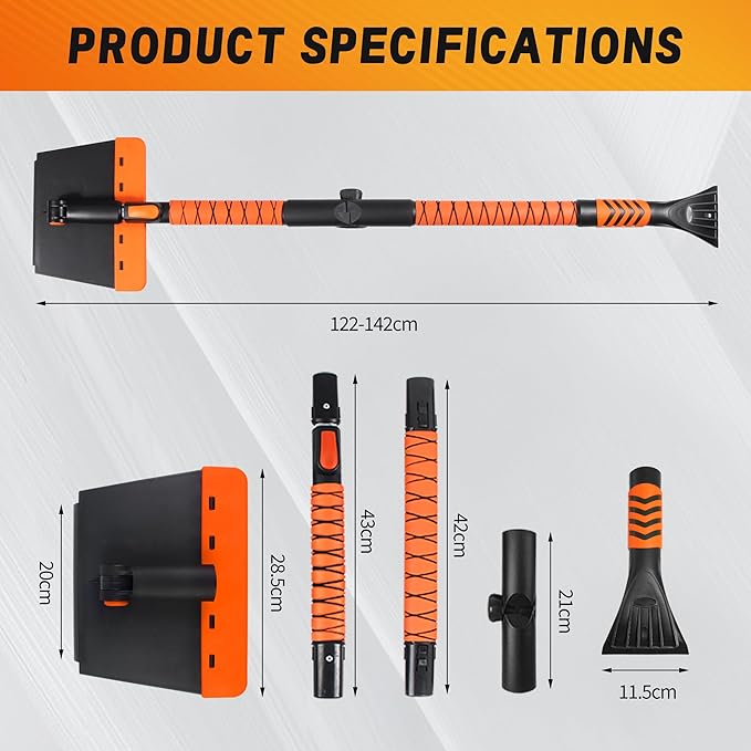 [Upgrade] 56" Large Ice Scrapers for Car Windshield, 90° Pivoting Snow Board, Snow Scraper with De-Icing Shovel, Extendable Length Settings, 180° Bendable Silicone Grip for for Truck, SUV, Auto