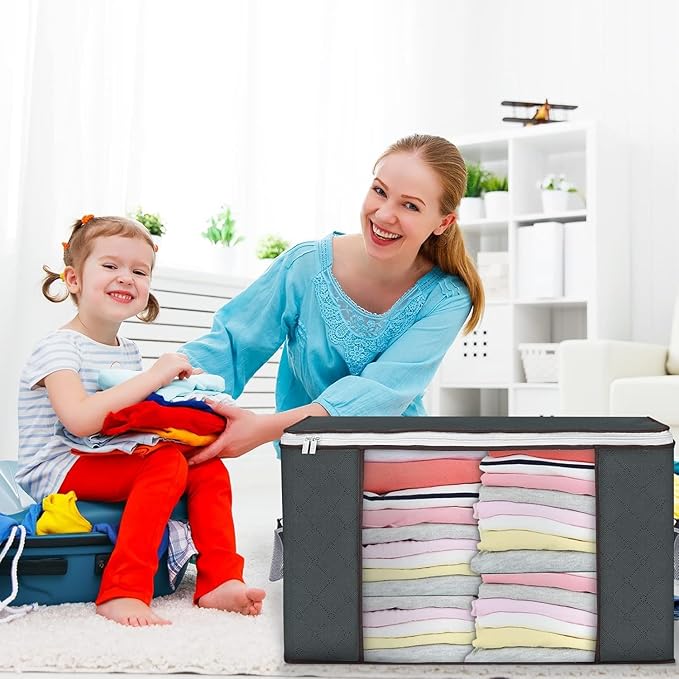 Large Storage Bags, 3 Pack Clothes Storage Bins Foldable Closet Organizers Storage Containers with Durable Handles Thick Fabr