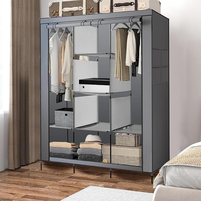 PLKO Portable Closet, Wardrobe Closet Organizer,Portable Clothes Closet Rolling Door Wardrobe with Grey Oxford Fabric Cover f