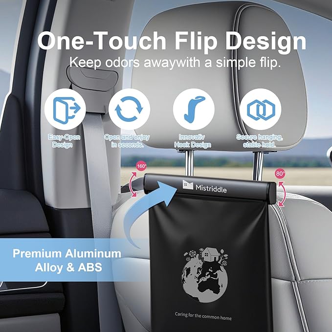 Headrest Hanging Car Trash Bag Holder - Aluminum Alloy with 25 Disposable Trash Bags, 2 Headrest Hooks, Compact Car Garbage Bin for Back Seat, Office, Travel & Camping (Black)