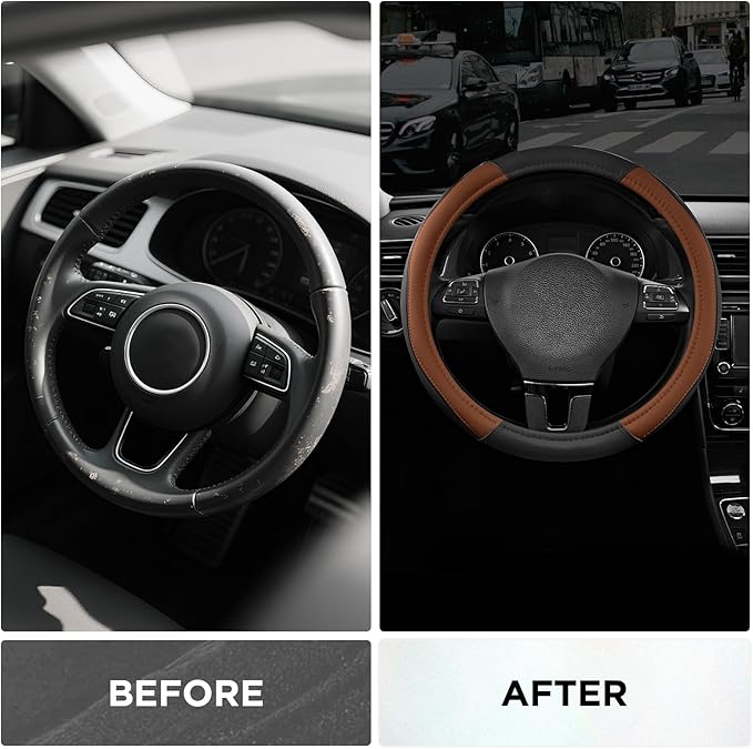 Road Comforts Leather Steering Wheel Cover with Decorative Trim and Piping, Anti-Slip Breathable Design, Fits 14.5–15 Inch Ro
