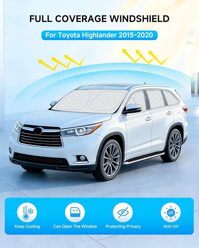 8pcs Thicken Full Car Window Shades for Toyota Highlander 2015-2020，Accessories, Reflective Windshield Sunshade Window Covers for Side Rear,UV Block and Blackout Privacy for Camping