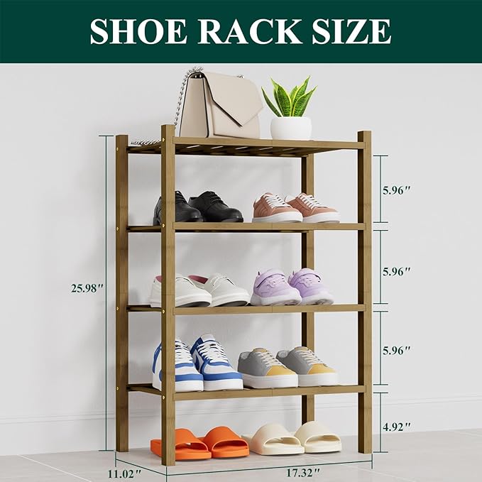 Smiry Shoe Rack, 4 Tier Thick Small Bamboo Shoe Organizer, Stackable Free Standing Wooden Shoe Storage Shelf for Closet, Entr