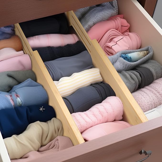 Fabsome Dresser Drawer Organizers 6 Pack, 4.65'' High Adjustable from 17-22‘’ Bamboo Drawer Dividers for Clothing Baby Clothe