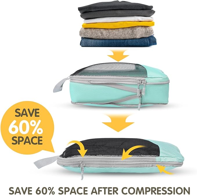 Compression Packing Cubes 8 Set, Dual Zipper Compression Packing Cubes for Travel, See-Through Mesh Packing Bags for Suitcase