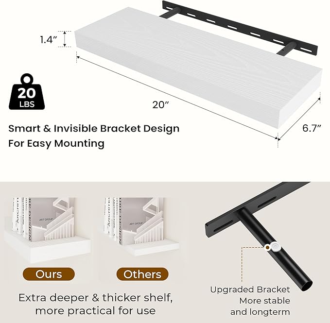 Dreamland 20 Inch Long Floating Shelves in White,6.7 Inch Deep Floating Shelf for Wall,Large Display & Storage Shelf, Wall Sh
