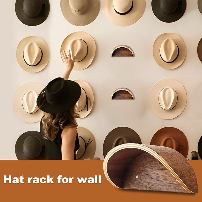 Cowboy Hat Rack for Wall,2 Pack Wooden Hat Holder,with Satin Finish Hat Hooks,Non-Damage Brim Design Can Keeps Original Shape