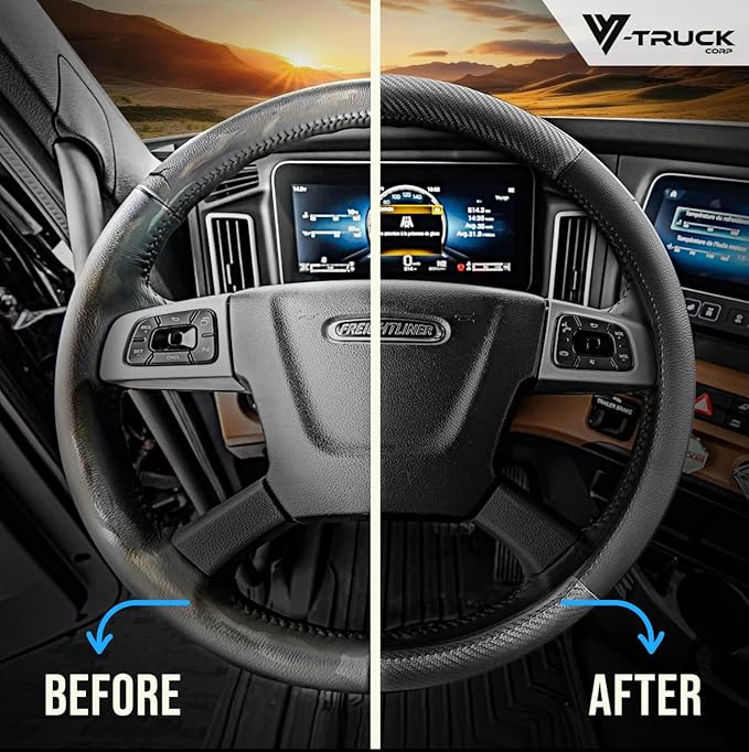 18-Inch Genuine Leather Steering Wheel Cover for Semi Trucks – Black with Carbon Fiber Imitation, Heavy-Duty Non-Slip Grip, Universal Fit, Easy Installation