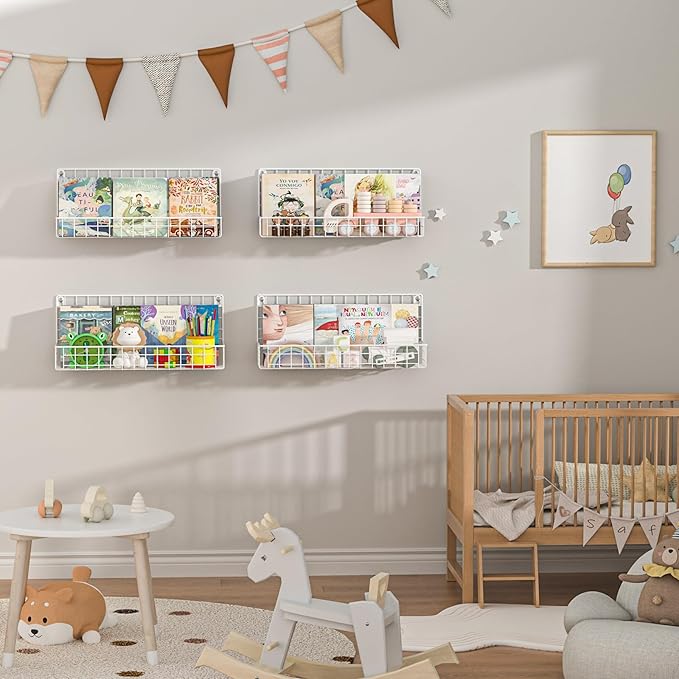 X-cosrack 4-Pack Wall Mounted Metal Kids Bookshelf, Floating Book Shelves for Kids Nursery Toddler Bedroom Classroom, Hanging