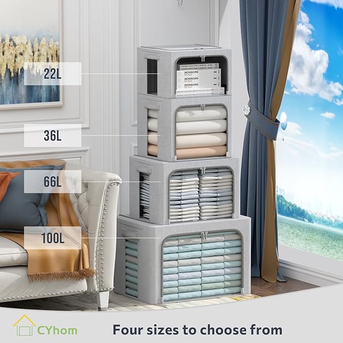 CYhom Clothes Storage Bins Box - Foldable Stackable Container Organizer Set with Clear Window & Carry Handles & Metal Frame -