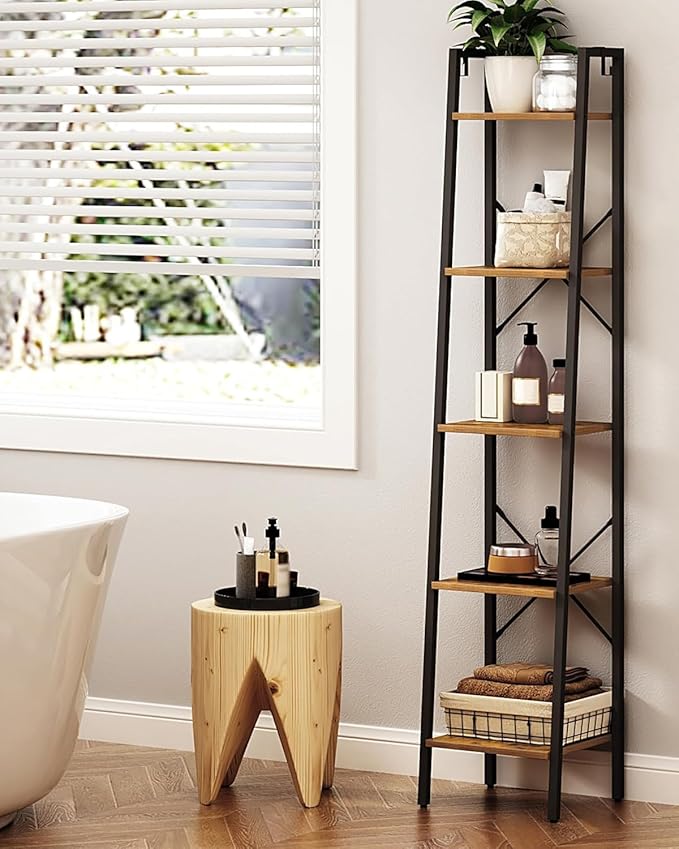 Hzuaneri Ladder Shelf, Bookshelf Bookcase, Freestanding Corner Storage Shelve with 2 Hooks for Home Office, Living Room, Kitc