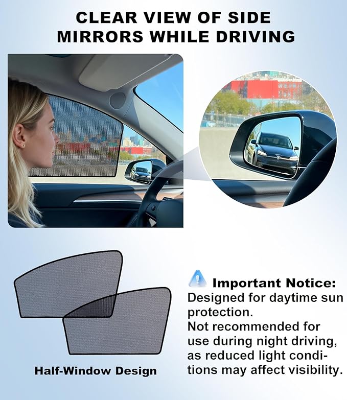 XCBYT Tesla Model Y Window Shades (2020–2024) - Static Cling Privacy Rear Side Window Covers, Clear Front Half Window Shades, Easy Install, No Residue (4 PCS)