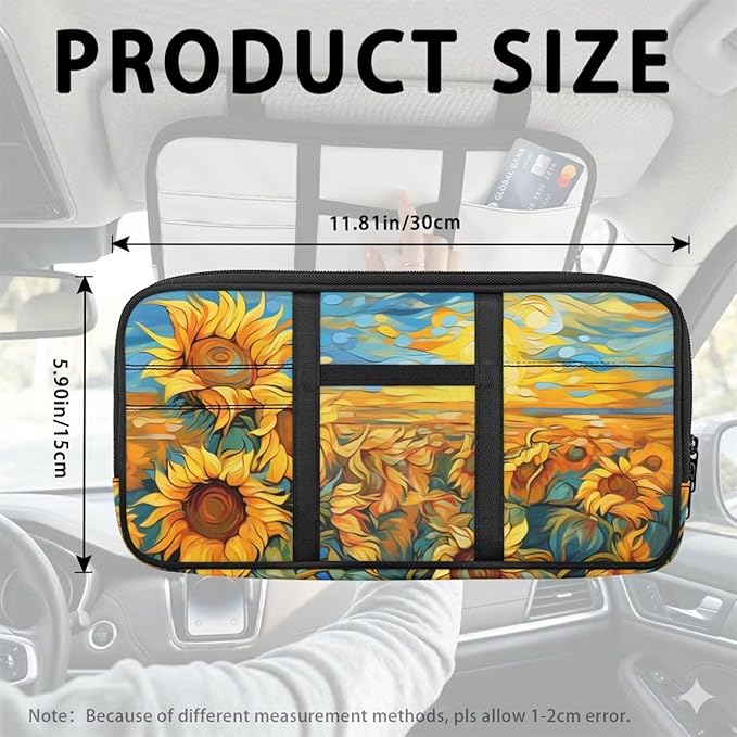 Sunflower Sun Visor Organizer Car Sunvisor Organizers Multi-pocket Visor Organizer Storage Pouch for Cars, Suvs & Trucks with Zippers Vehicle Accessories for Document, Card, Pen