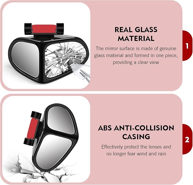 2 PCS Car Blind Spot Mirrors, Dual-sided Wide Angle Rearview Auxiliary with 360 Degree Adjustment, ABS Anti-collision Housing and HD Glass Design, Snap-on and Adhesive Mounting Mirror (Black)