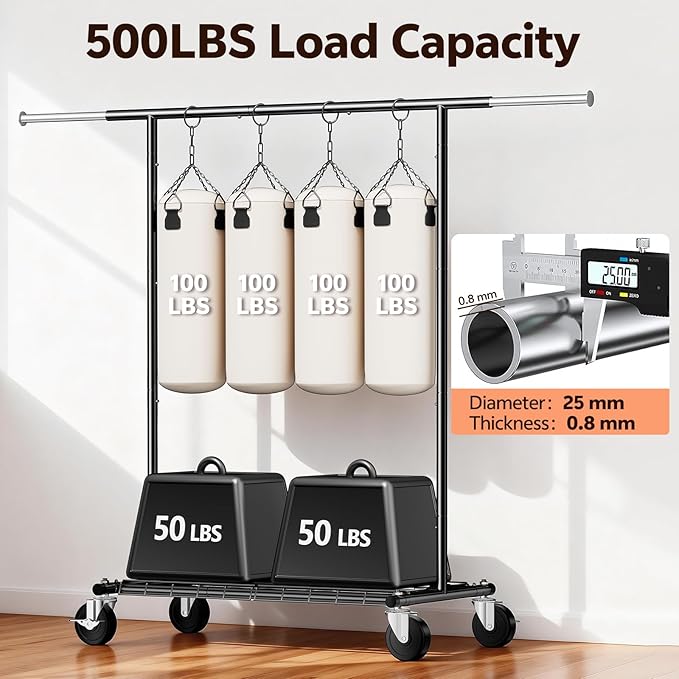 Heavy Duty Clothes Rack - Load 500 LBS, Rolling Clothing Rack for Hanging Clothes with Lockable Wheels & & Shelves, Extendabl