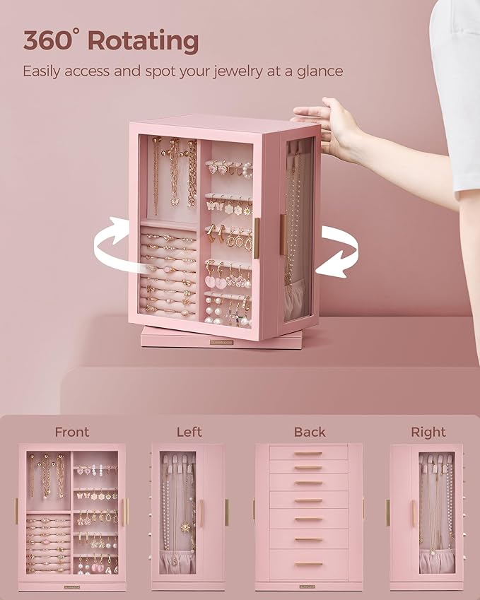 Glimmloop 360° Rotating Jewelry Box with 7 Drawers, Spacious Vertical Jewelry Organizer with Glass Window, Jewelry Storage Ca
