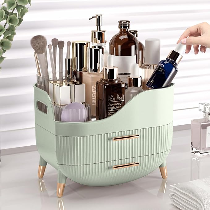 Pajiriona Makeup Organizer with Drawers, Green Skincare Organizer for Vanity, Storage Box with Handle, Large Cosmetic Display