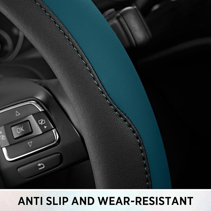 Road Comforts Steering Wheel Cover, Breathable Anti-Slip Leather Steering Wheel Cover, Universal Fit 14.5–15 Inch, Comfortabl