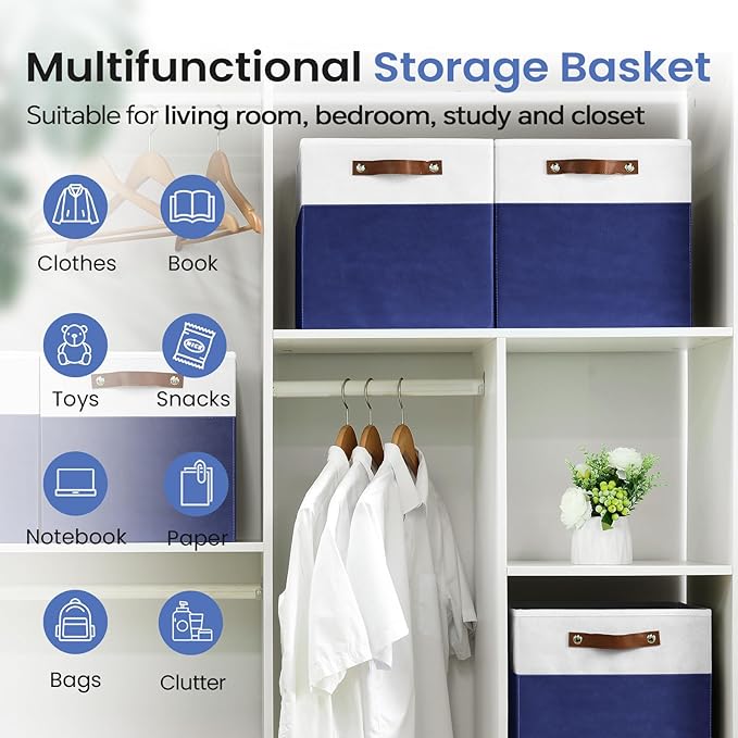 FinishingBo 6-Pack Storage Cubes with Handles & Label Holders Basket, Closet Cube Home Organizer Bins(White/Blue, 13 x 13 x 1