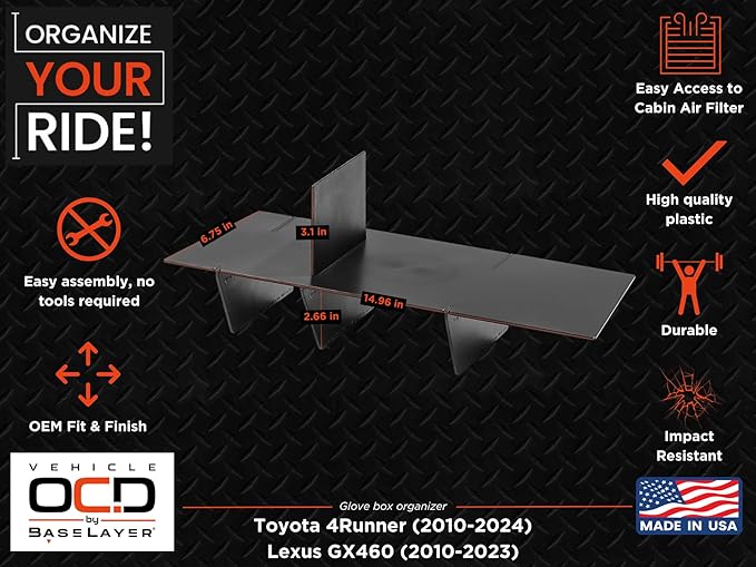 Vehicle OCD - Glove Box Organizer for Toyota 4Runner (2010-2024) and Lexus GX 460 (2010-2023)- Made in USA - SLX164