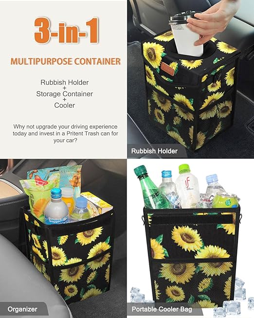 Car Trash Can with Lid, Cute Leakproof Car Trash Garbage Bag Hanging Vehicle Trash Bin Small Portable Automotive Garbage Cans Organizer for Back/Front Seat/Console(Trapezoid,Sunflower)