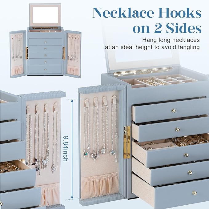 Dajasan Large Jewelry Organizer Box with Mirror, Jewelry Storage Organizer with 5 Drawers, 6-Tier Jewelry Gift Box for Women,